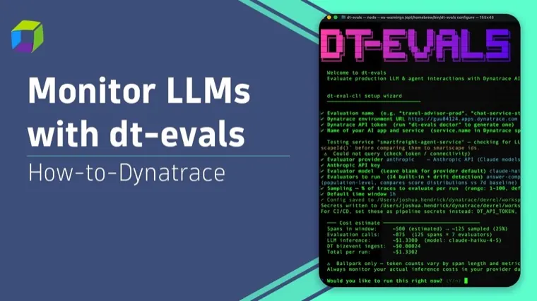 Thumbnail for the dt-evals tutorial showing a terminal running the LLM evaluation setup wizard