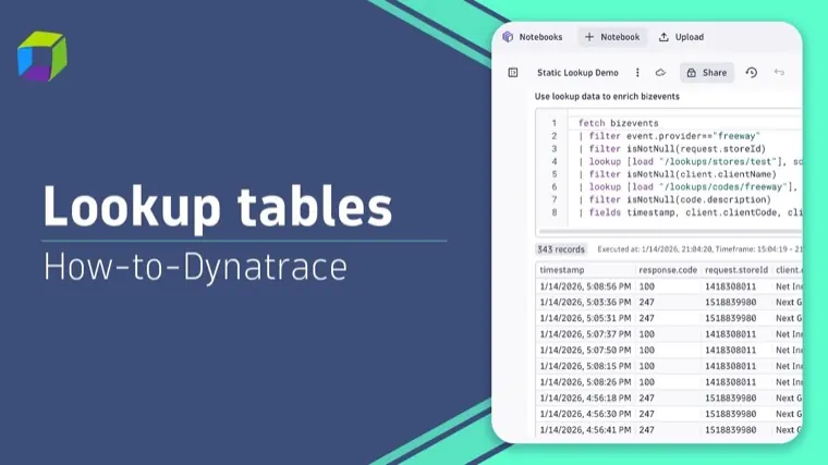 Thumbnail for the lookup tables tutorial showing a Dynatrace notebook enriching bizevents with lookup data
